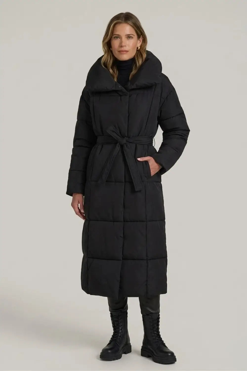 Women's Longline Belted Puffer Jacket - Insulated Winter Trench Coat