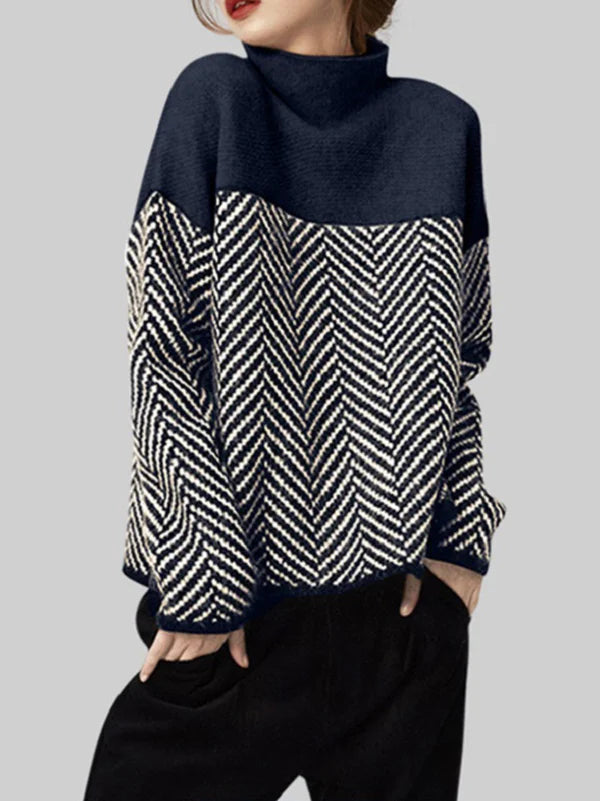 Monochrome Contrast Turtleneck Sweater - Herringbone Textured Knit Jumper