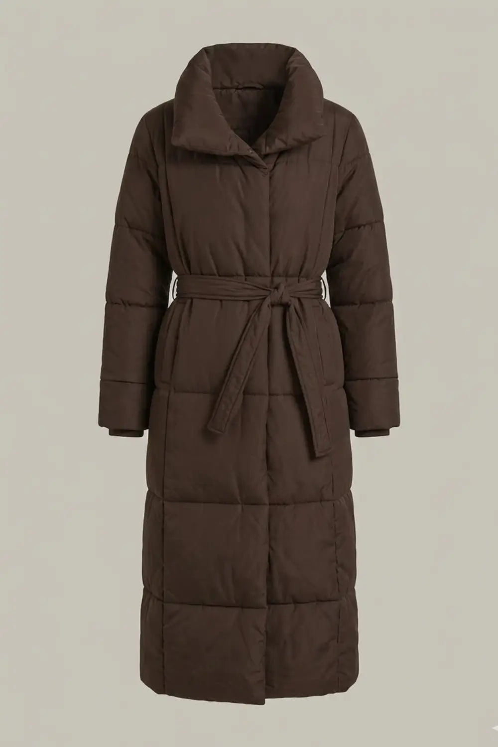 Women's Longline Belted Puffer Jacket - Insulated Winter Trench Coat