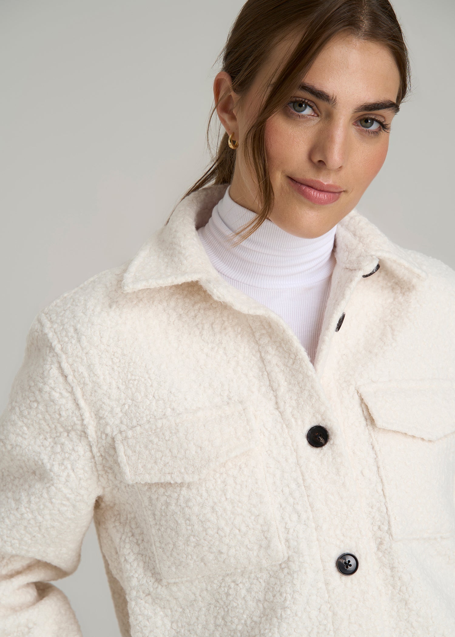 Bouclé Wool-Blend Tall Coat in Ivory White
