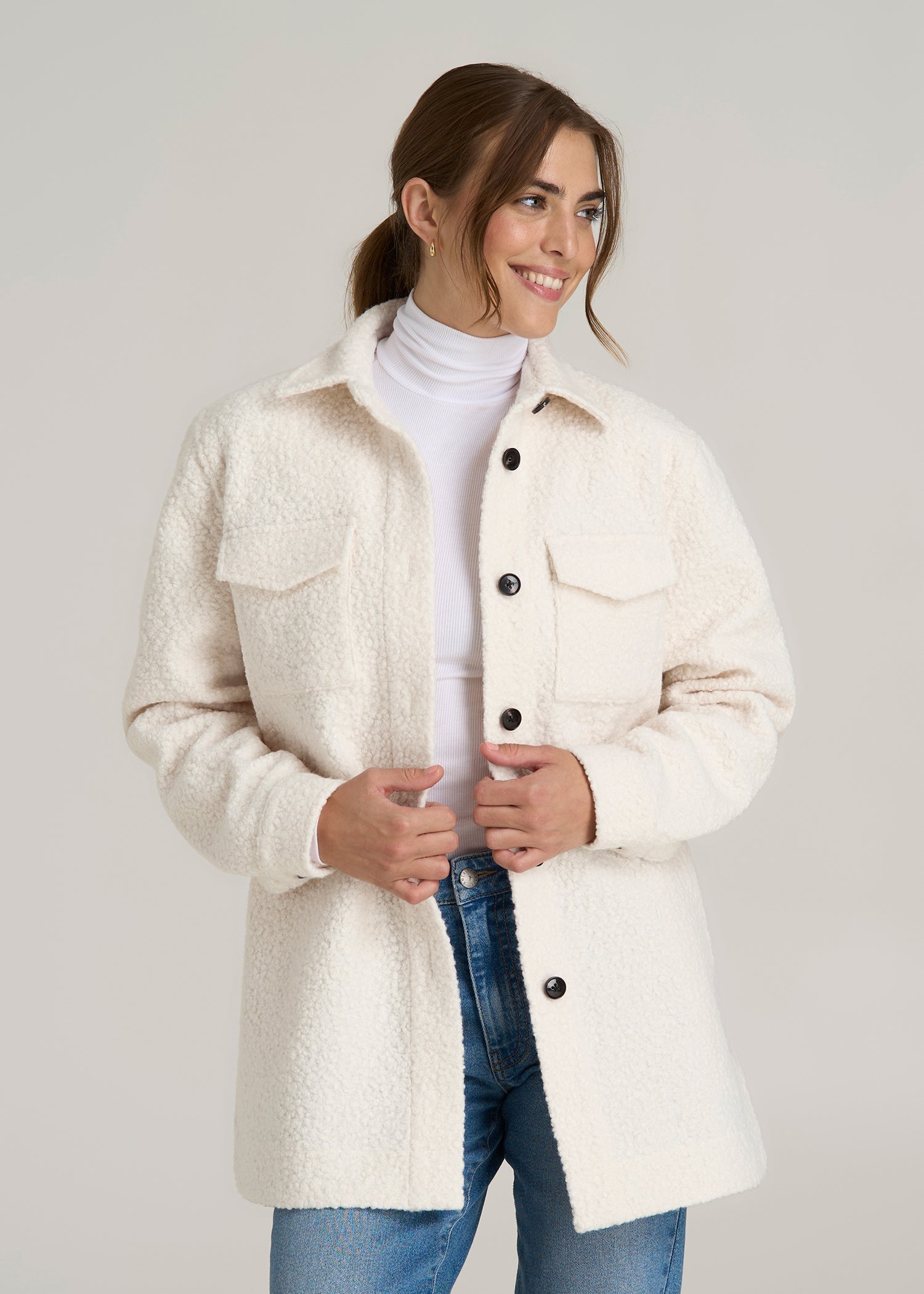 Bouclé Wool-Blend Tall Coat in Ivory White