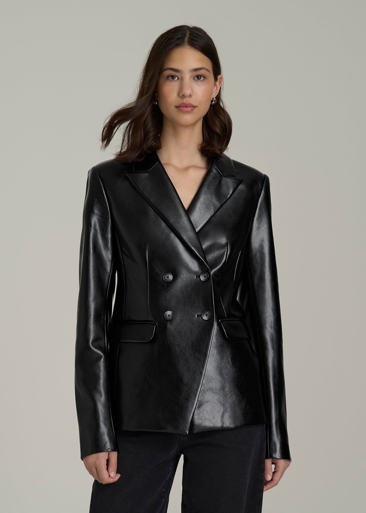 True Touch Leather Double-Breasted Blazer in Obsidian Black