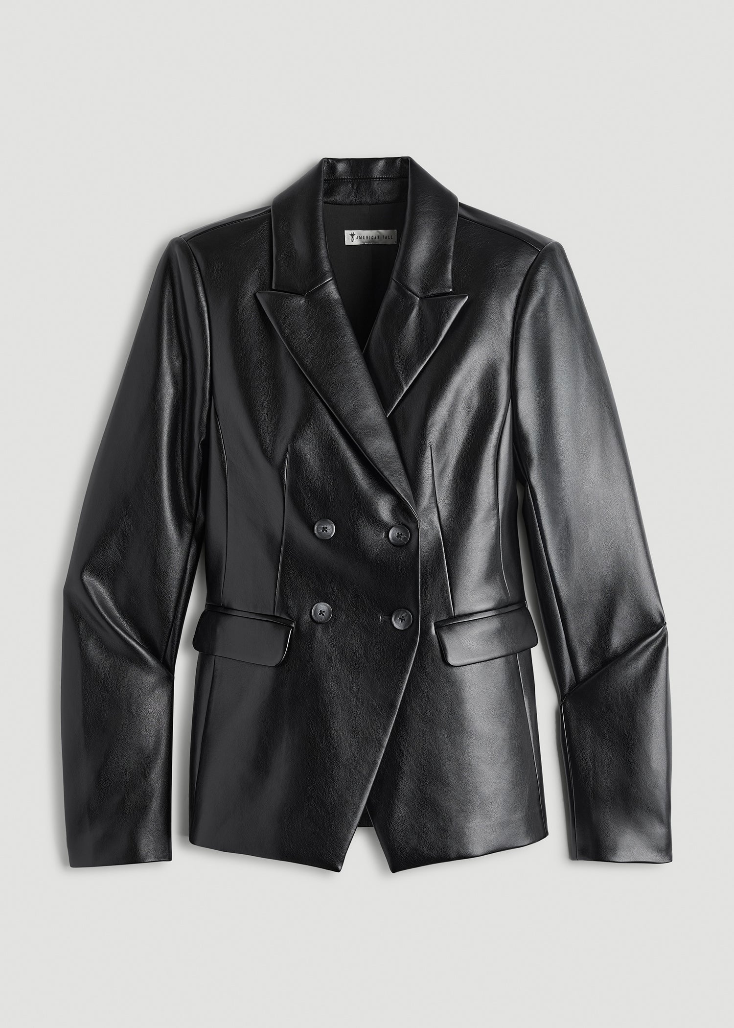 True Touch Leather Double-Breasted Blazer in Obsidian Black