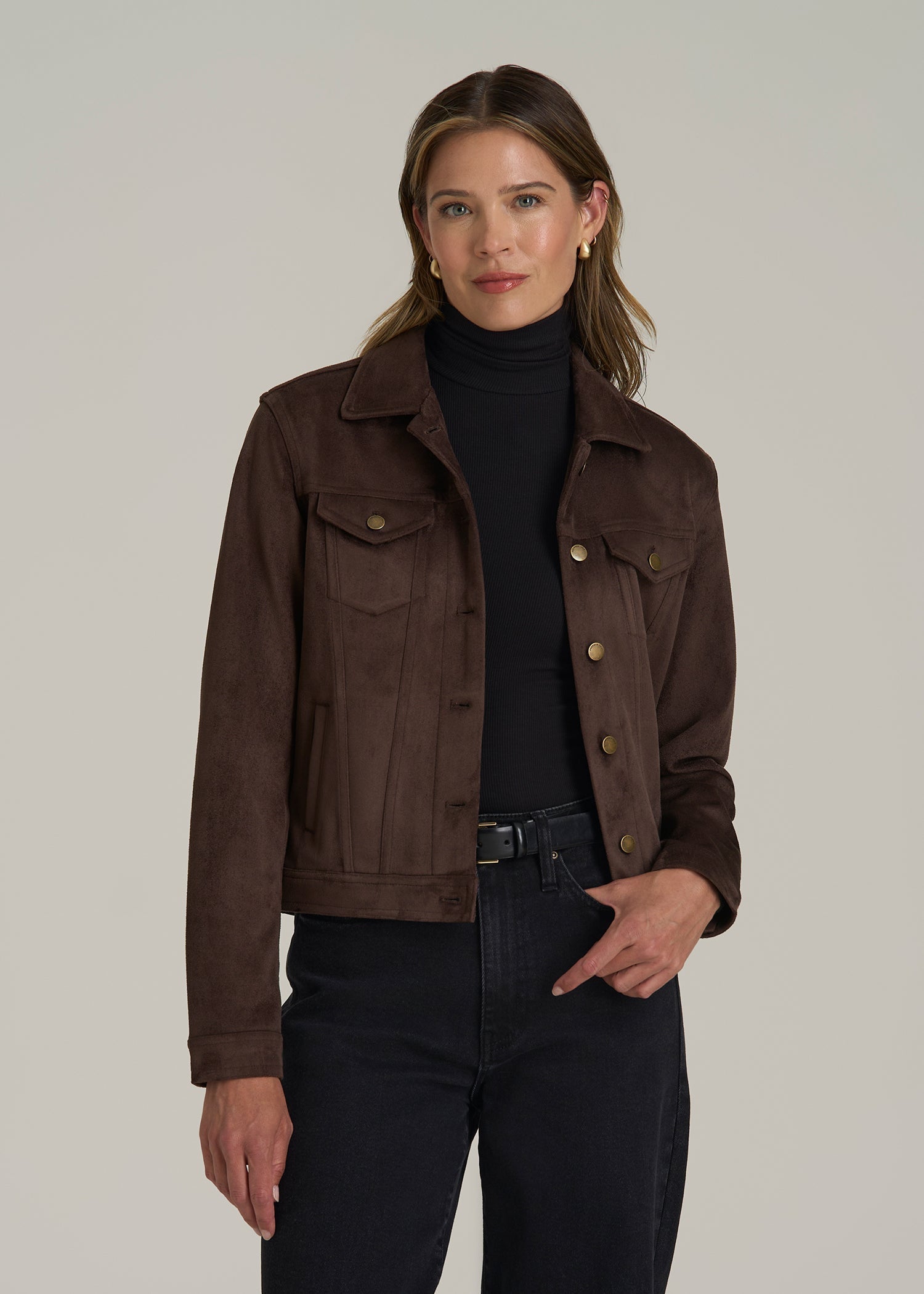 True Touch Suede Trucker Jacket in Espresso Brown