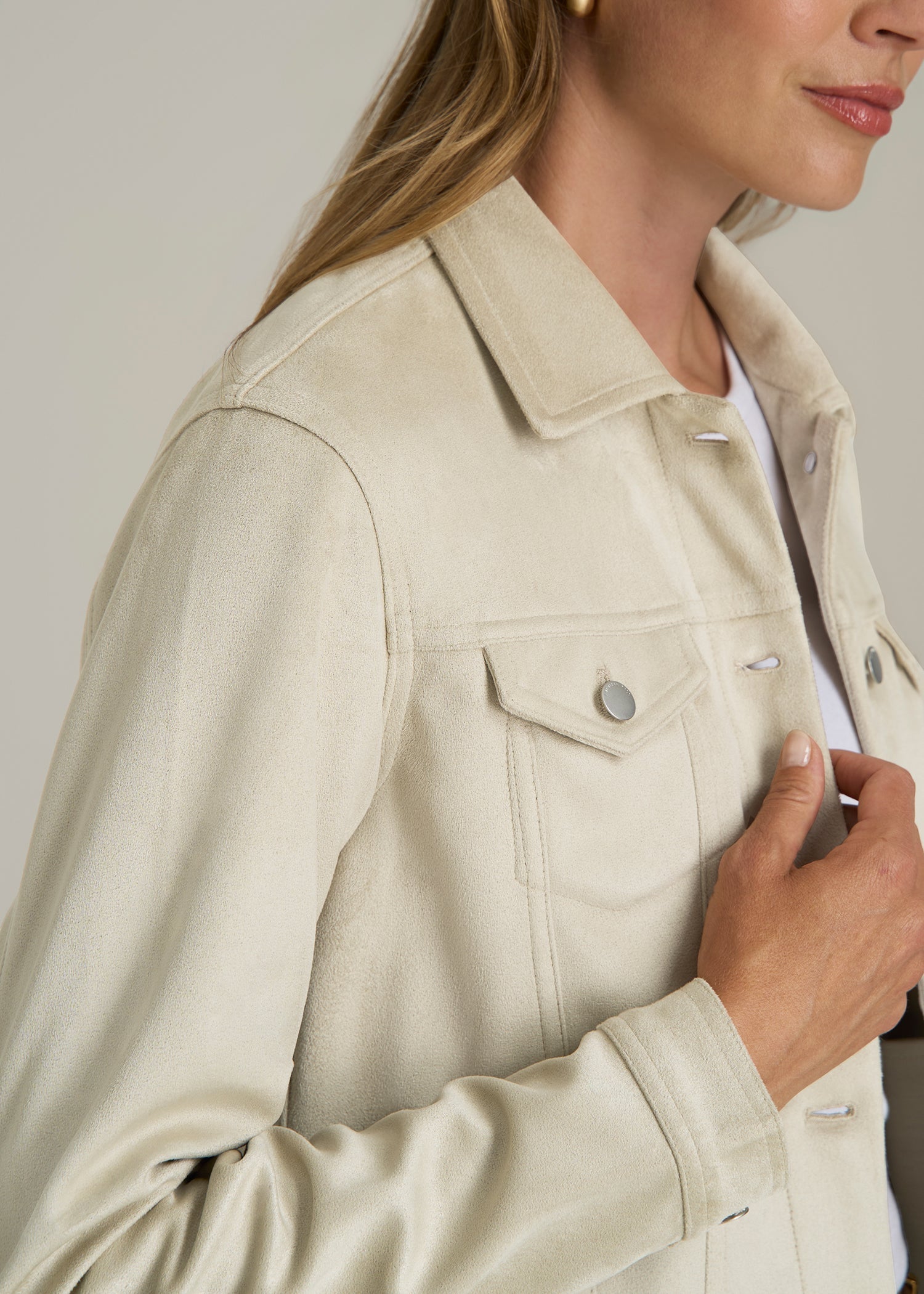 True Touch Suede Trucker Jacket in Overcast Grey