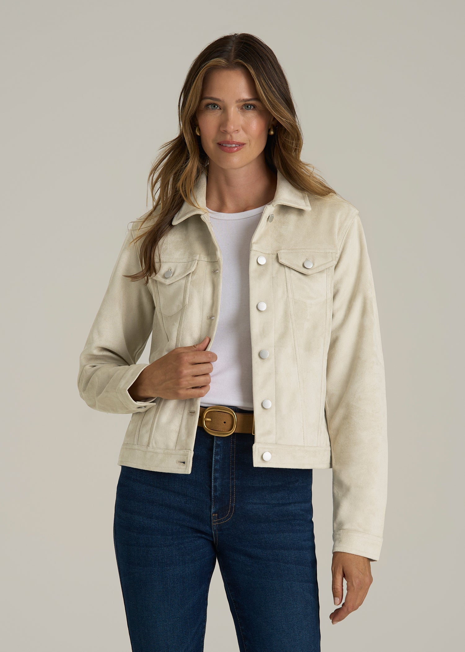 True Touch Suede Trucker Jacket in Overcast Grey