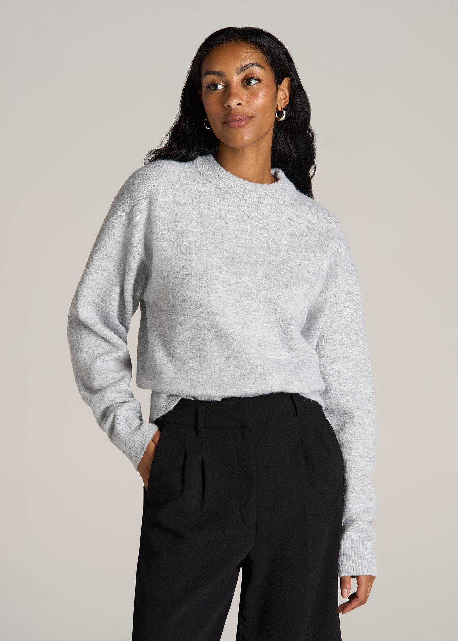 Crewneck Wool Blend Tall Women's Sweater in Grey