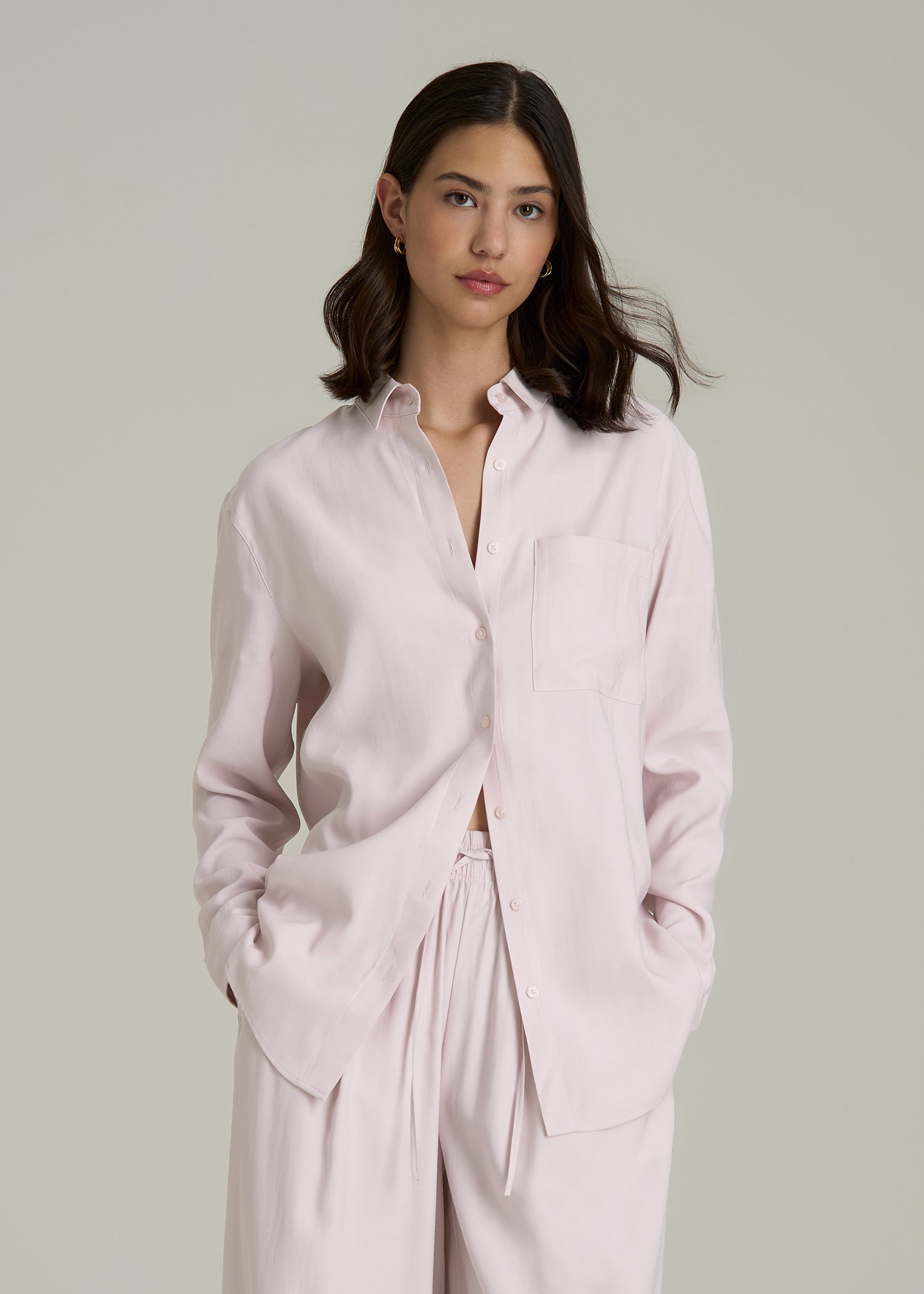 Button-Up Single-Pocket Blouse Light Pink
