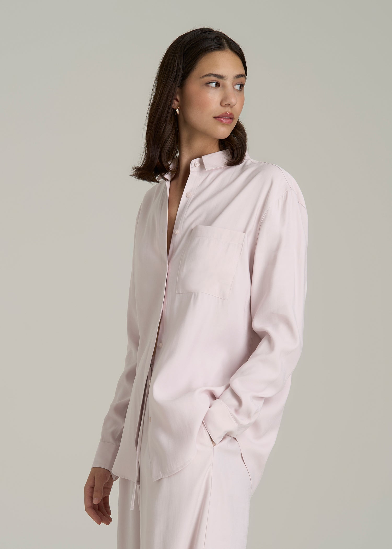 Button-Up Single-Pocket Blouse Light Pink
