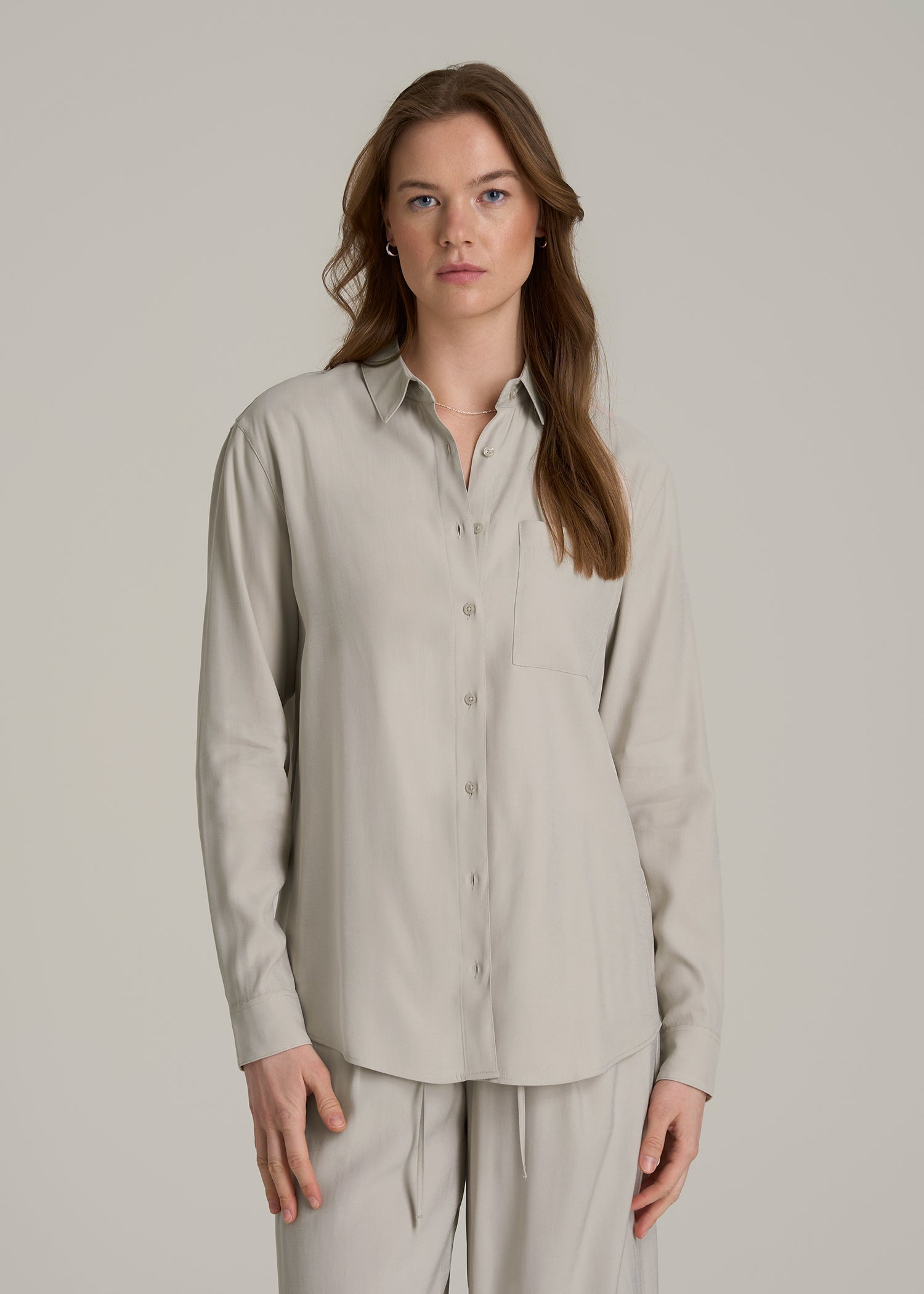 Button-Up Single-Pocket Blouse Light Gray