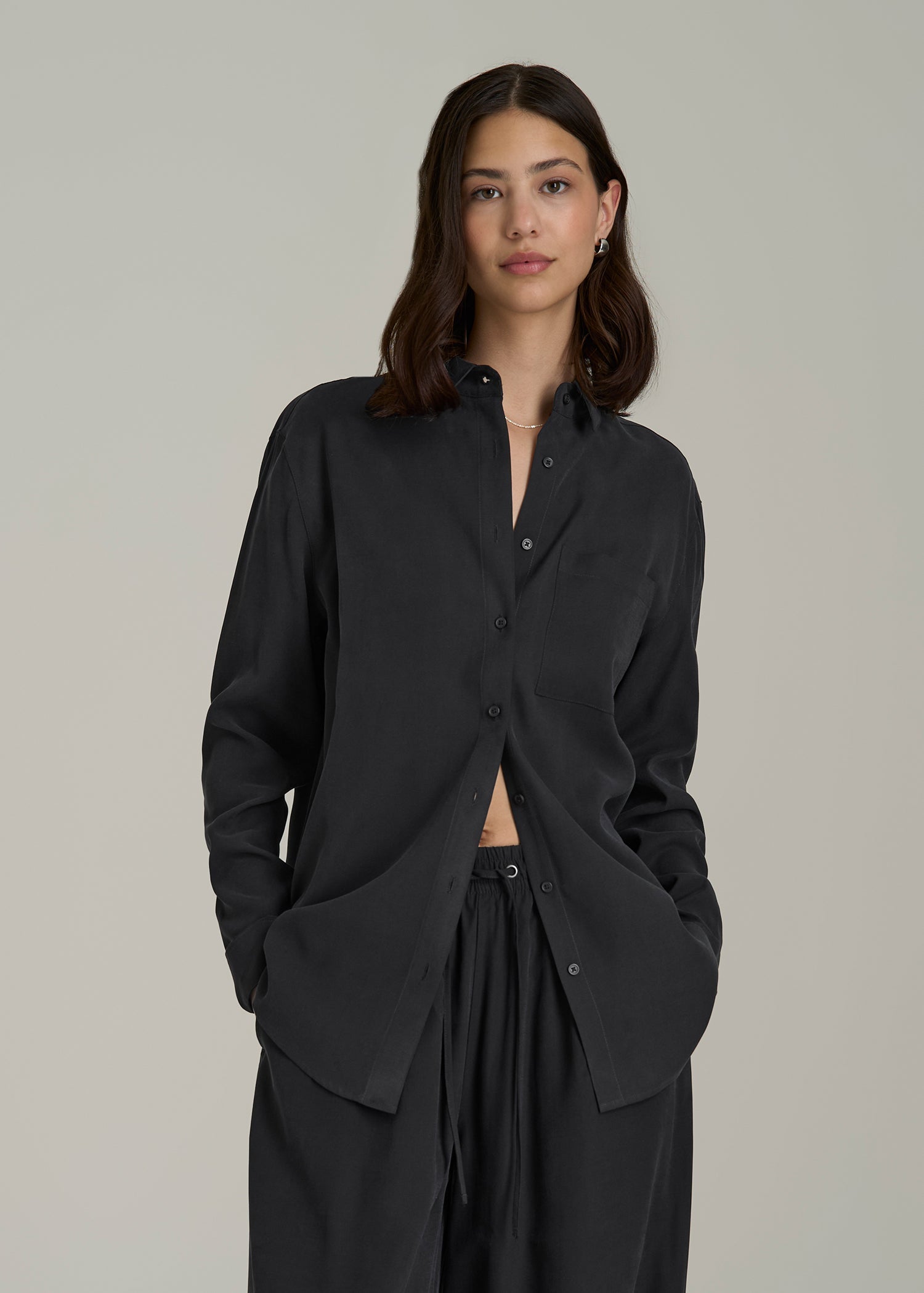 Button-Up Single-Pocket Blouse Black