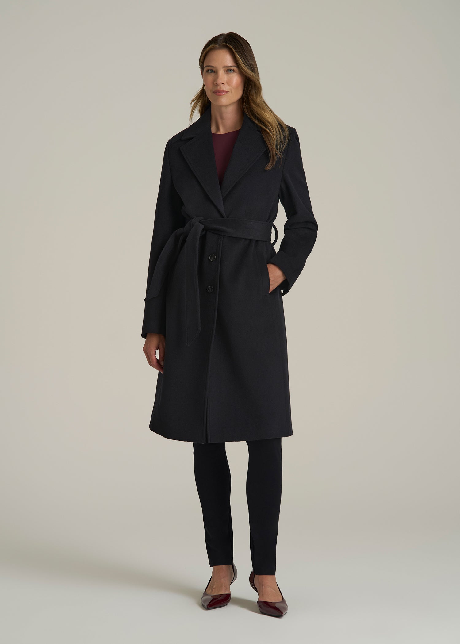 Belted Wool-Blend Coat in Obsidian Black