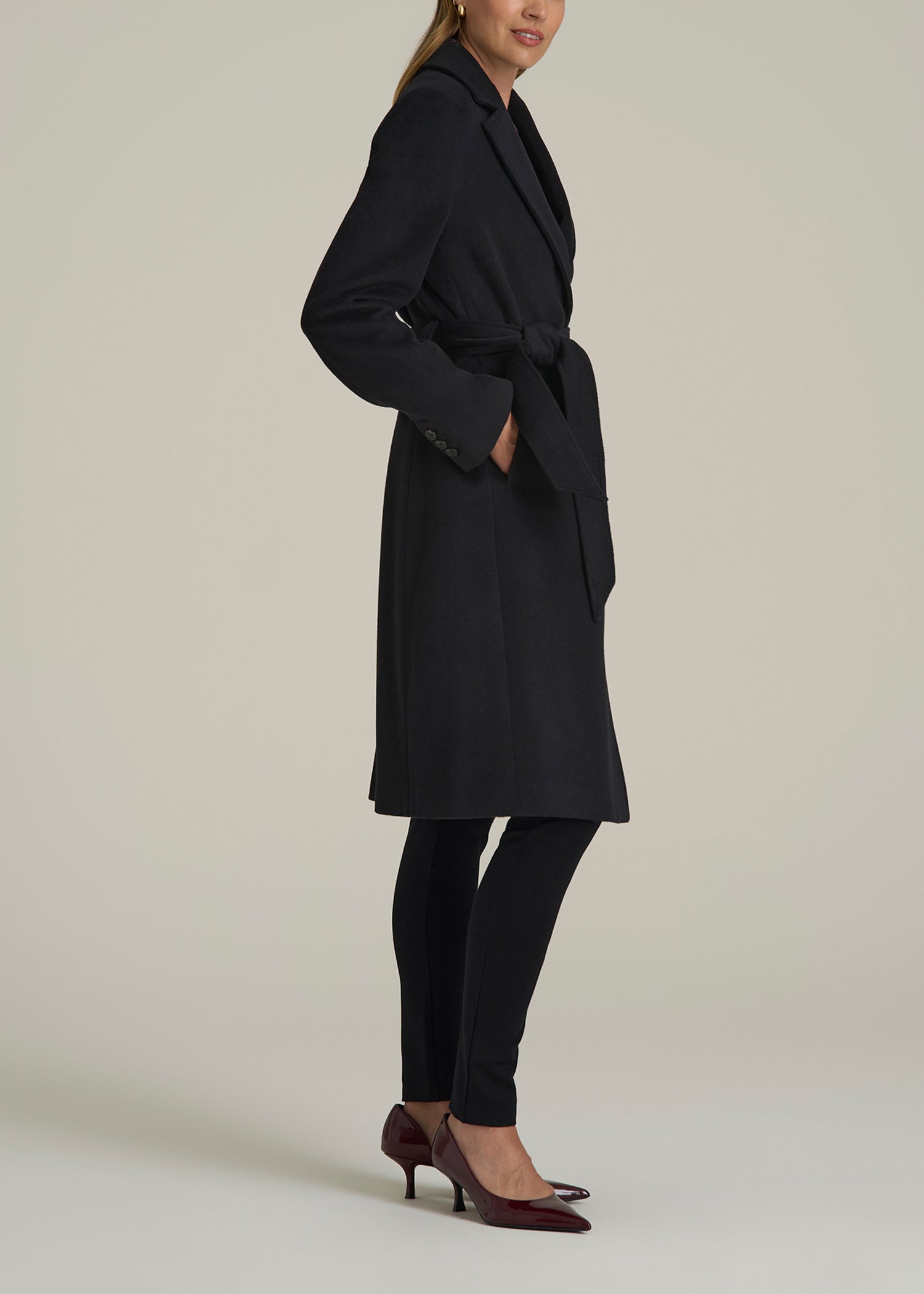 Belted Wool-Blend Coat in Obsidian Black