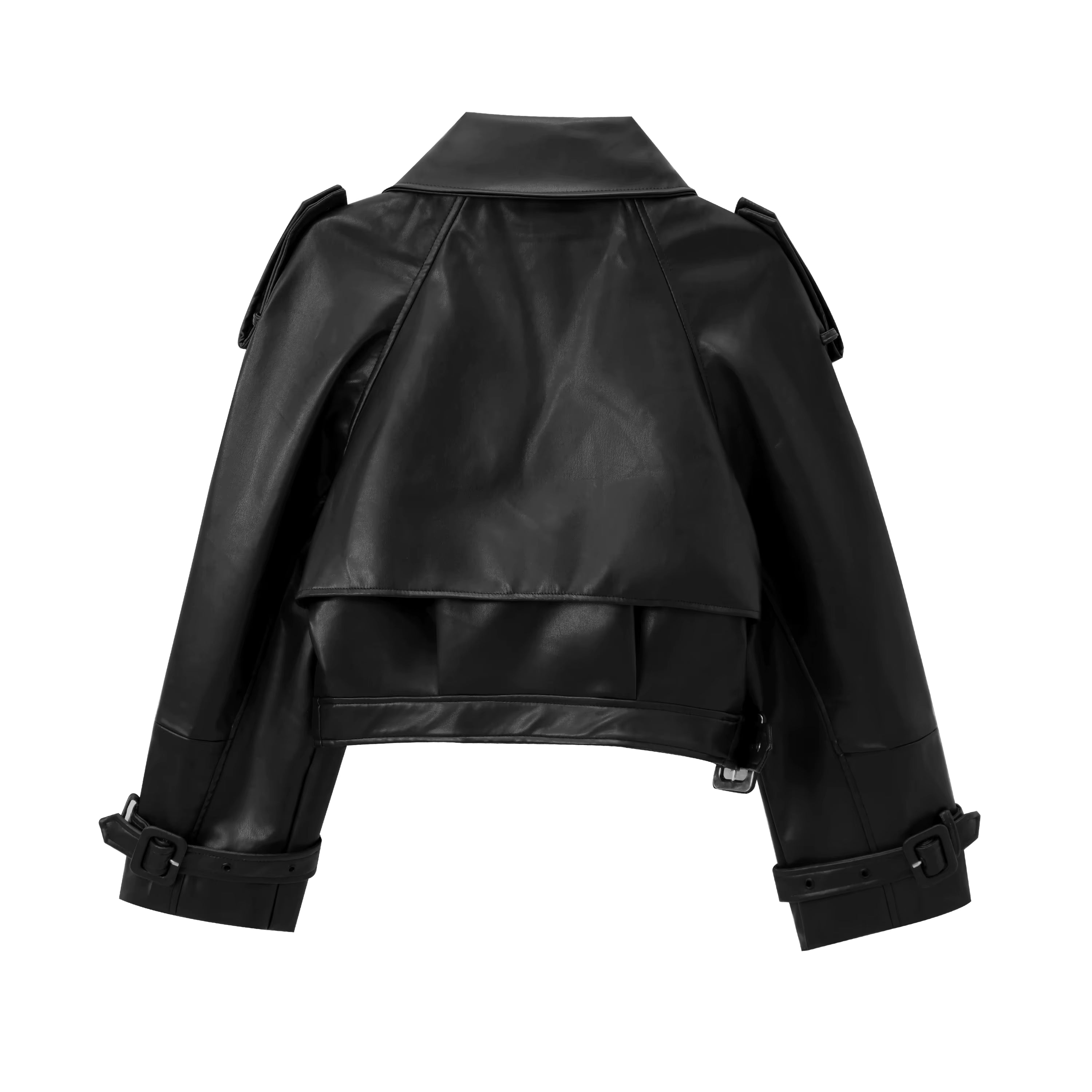Black Faux Leather Cropped Trench Jacket - Structured Short Moto Biker Coat