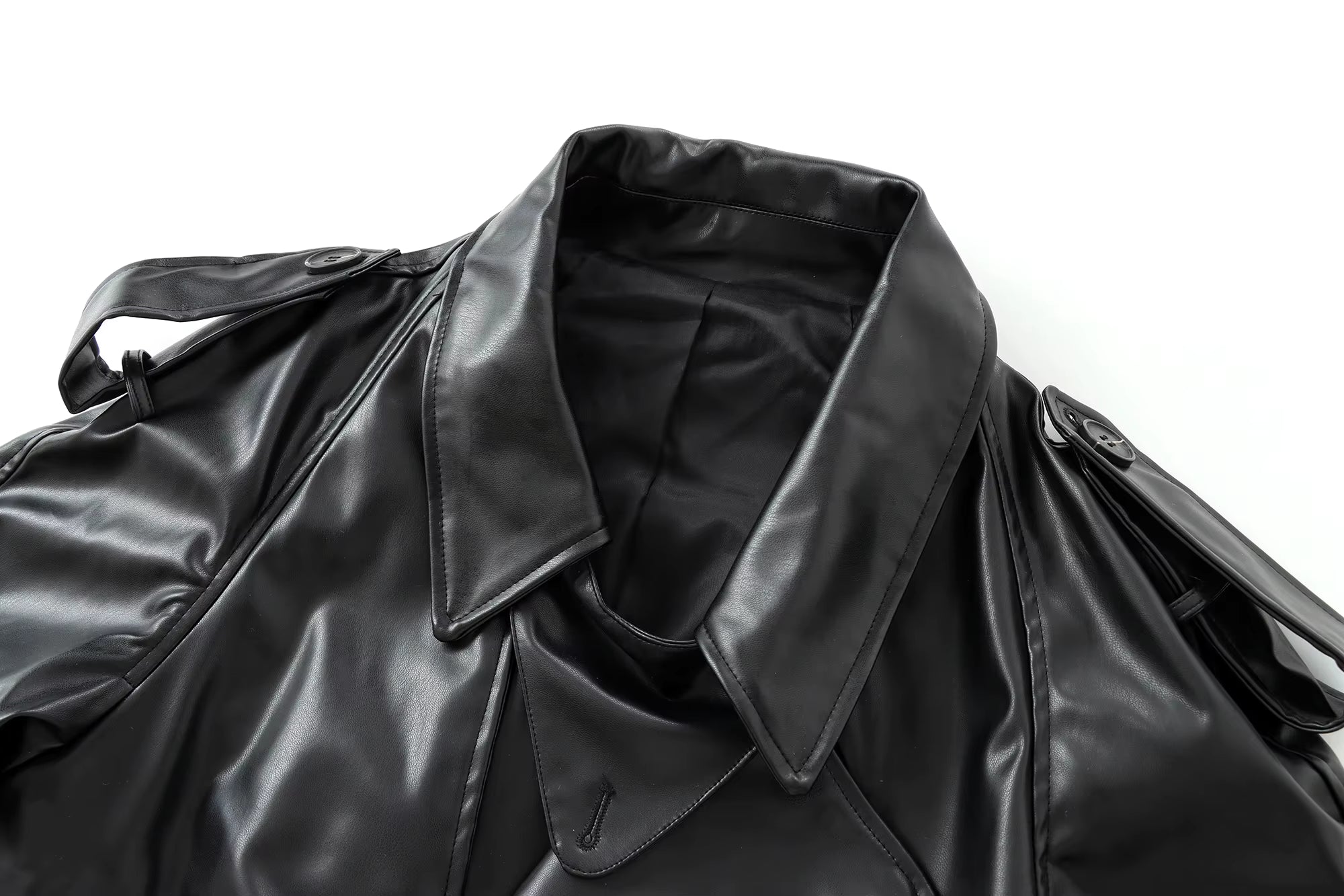 Black Faux Leather Cropped Trench Jacket - Structured Short Moto Biker Coat