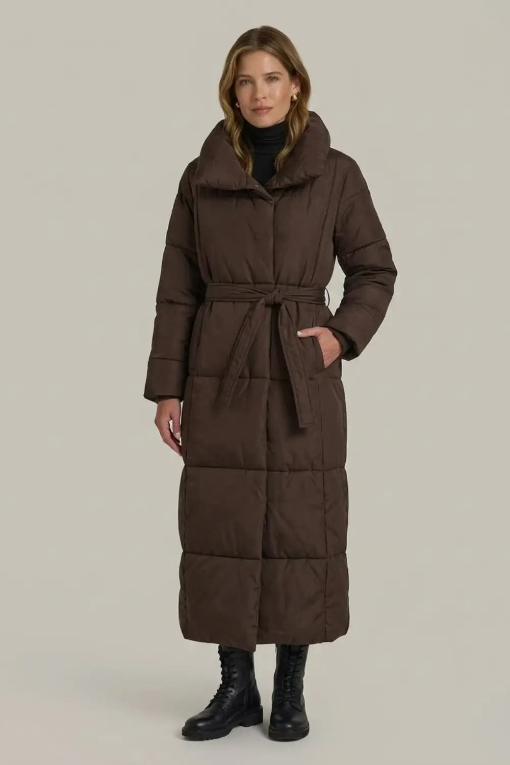 Women's Longline Belted Puffer Jacket - Insulated Winter Trench Coat