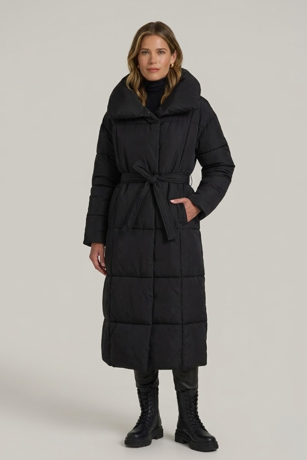 Women's Longline Belted Puffer Jacket - Insulated Winter Trench Coat