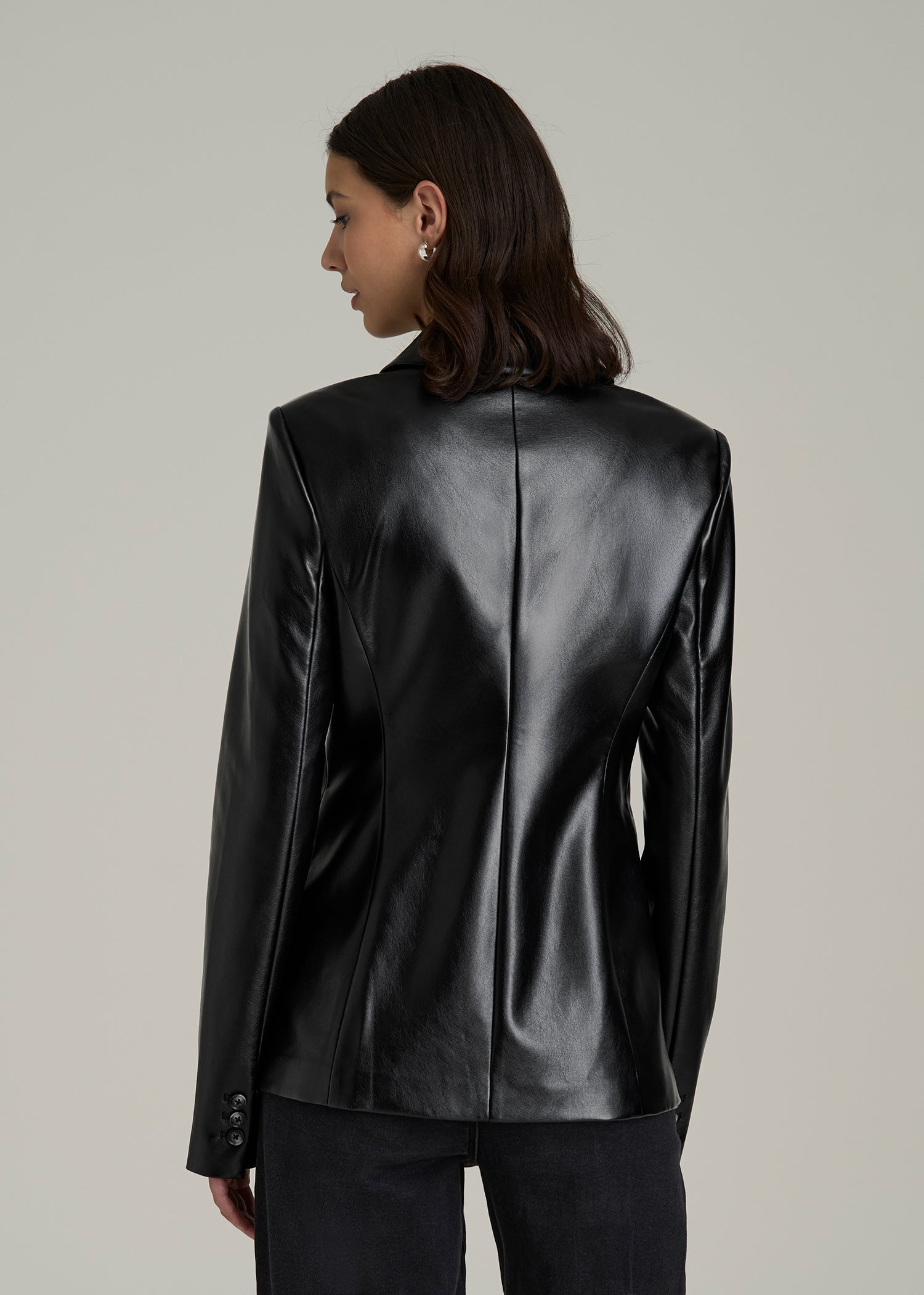 True Touch Leather Double-Breasted Blazer in Obsidian Black