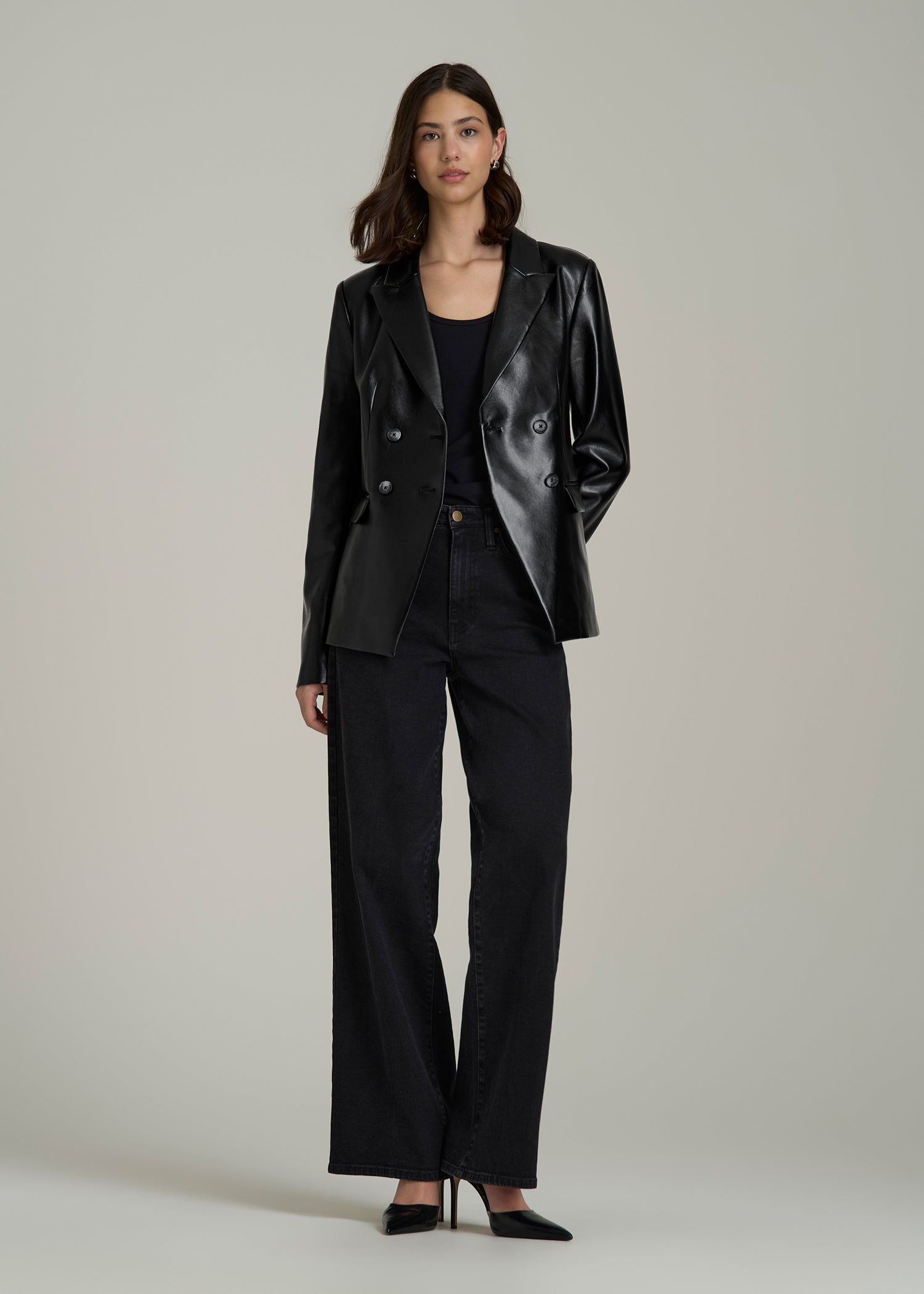 True Touch Leather Double-Breasted Blazer in Obsidian Black