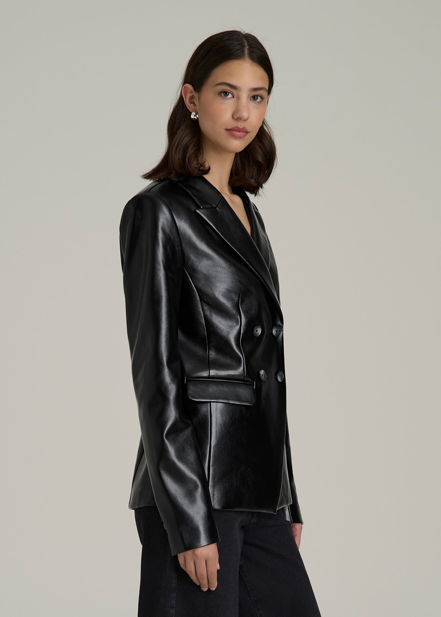 True Touch Leather Double-Breasted Blazer in Obsidian Black