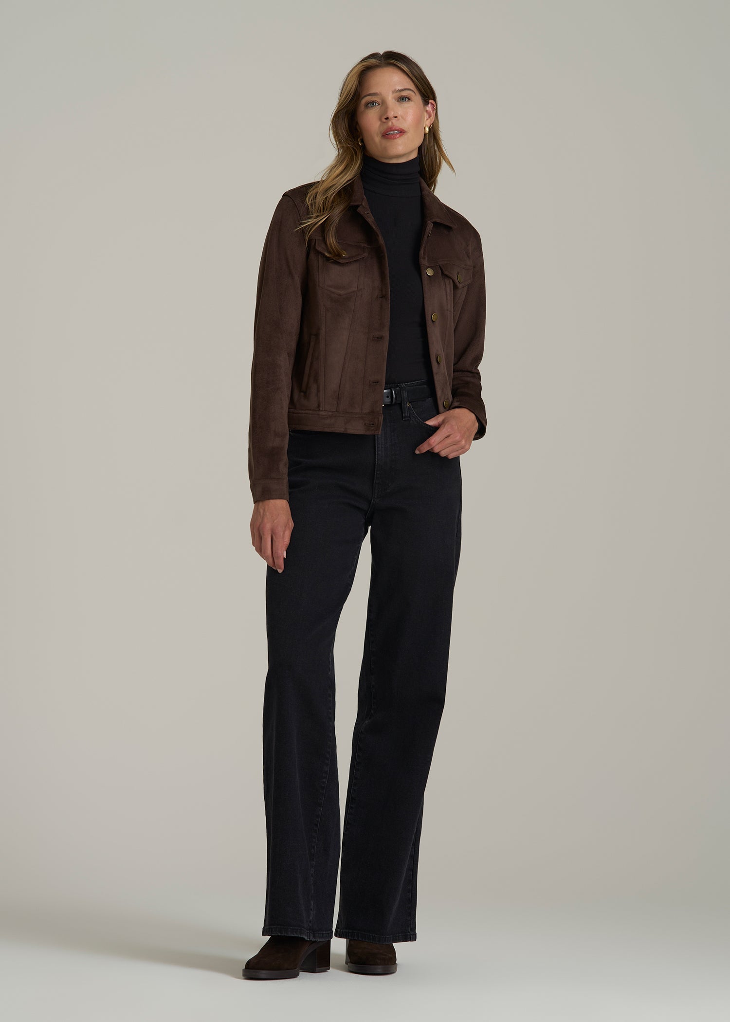 True Touch Suede Trucker Jacket in Espresso Brown