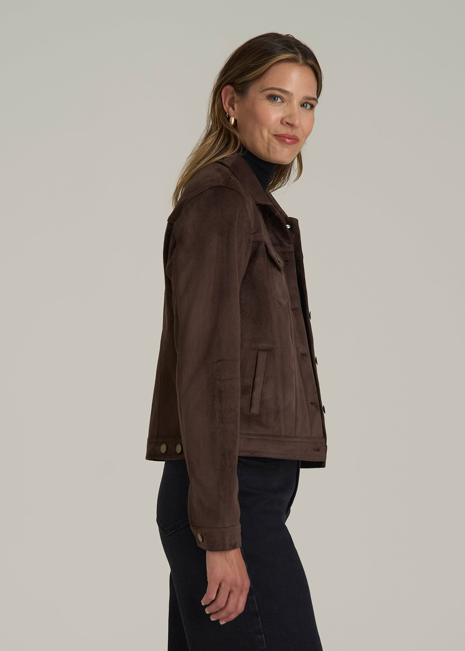 True Touch Suede Trucker Jacket in Espresso Brown
