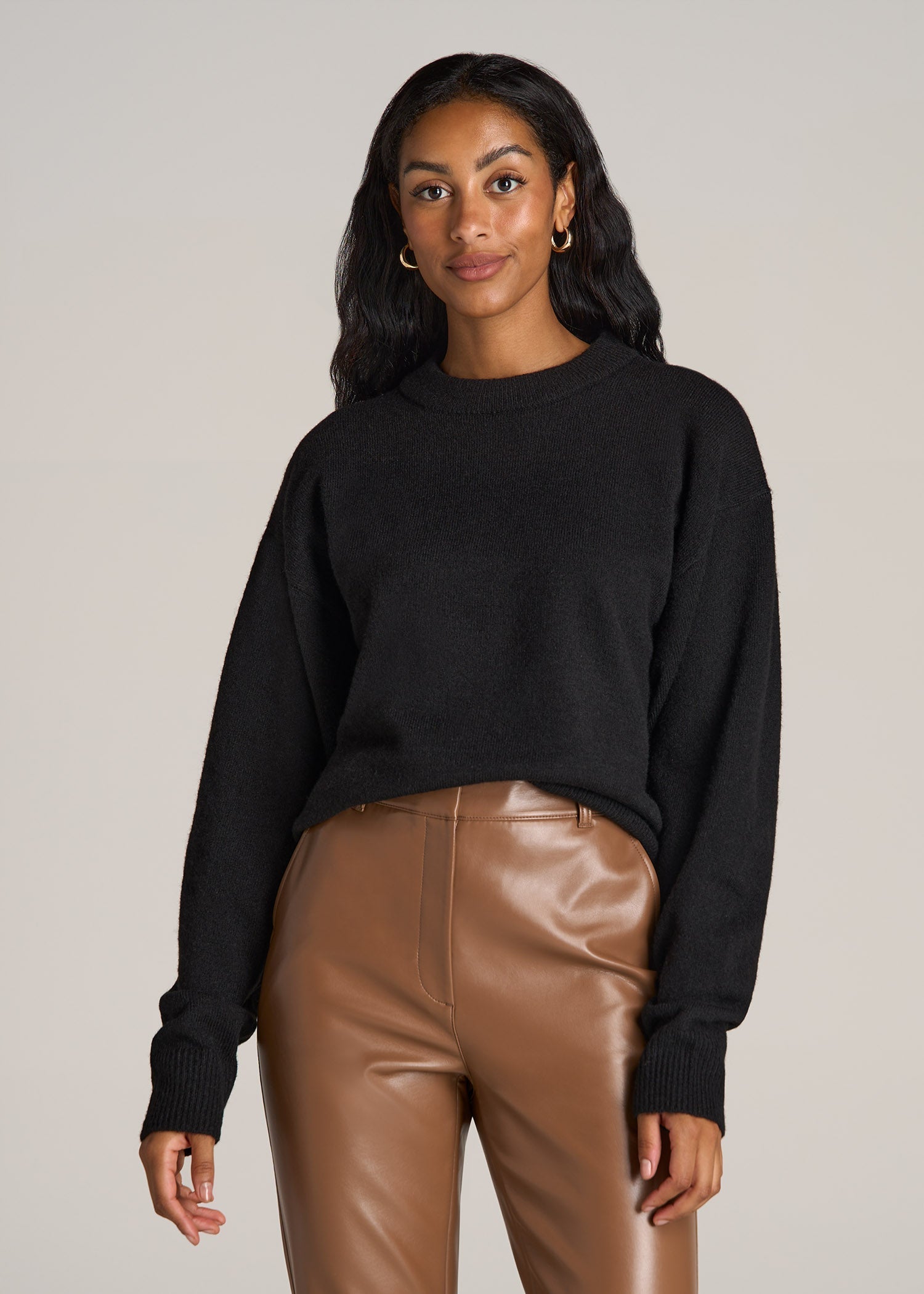 Crewneck Wool Blend Tall Women's Sweater in Black