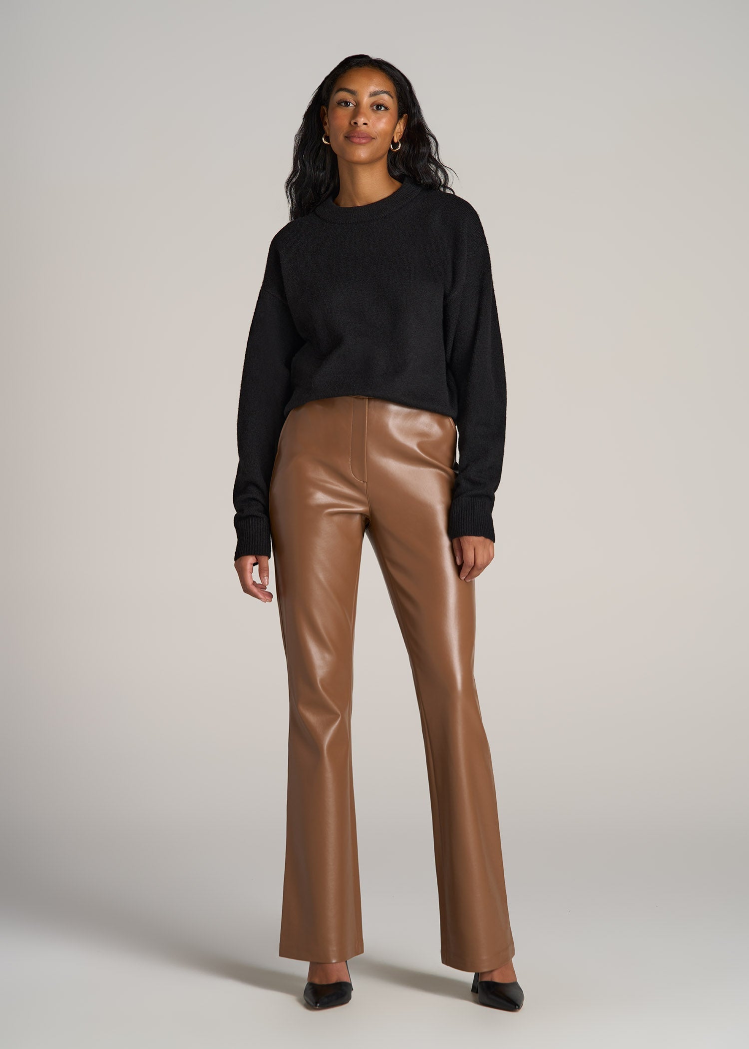 Crewneck Wool Blend Tall Women's Sweater in Black