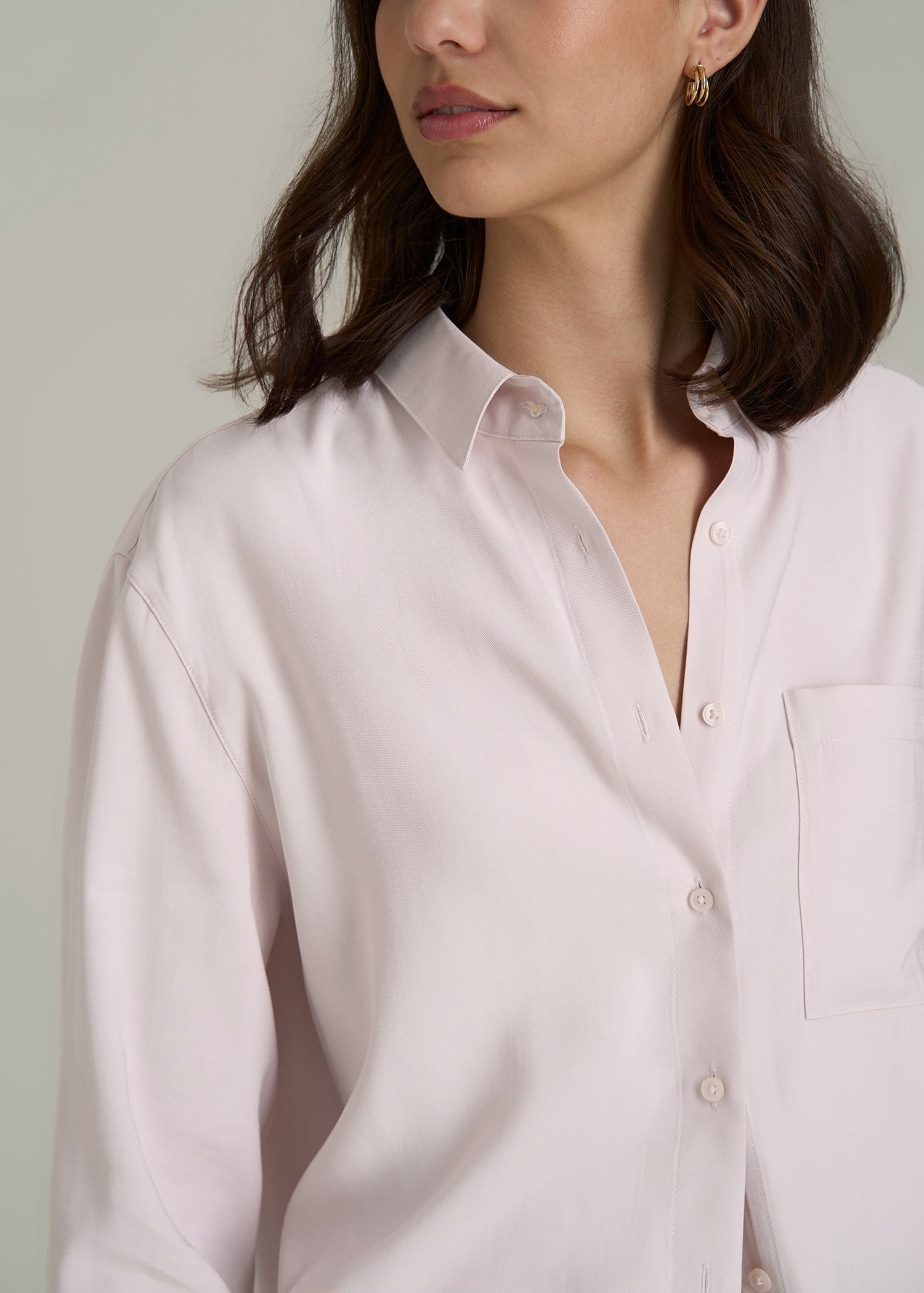 Button-Up Single-Pocket Blouse Light Pink
