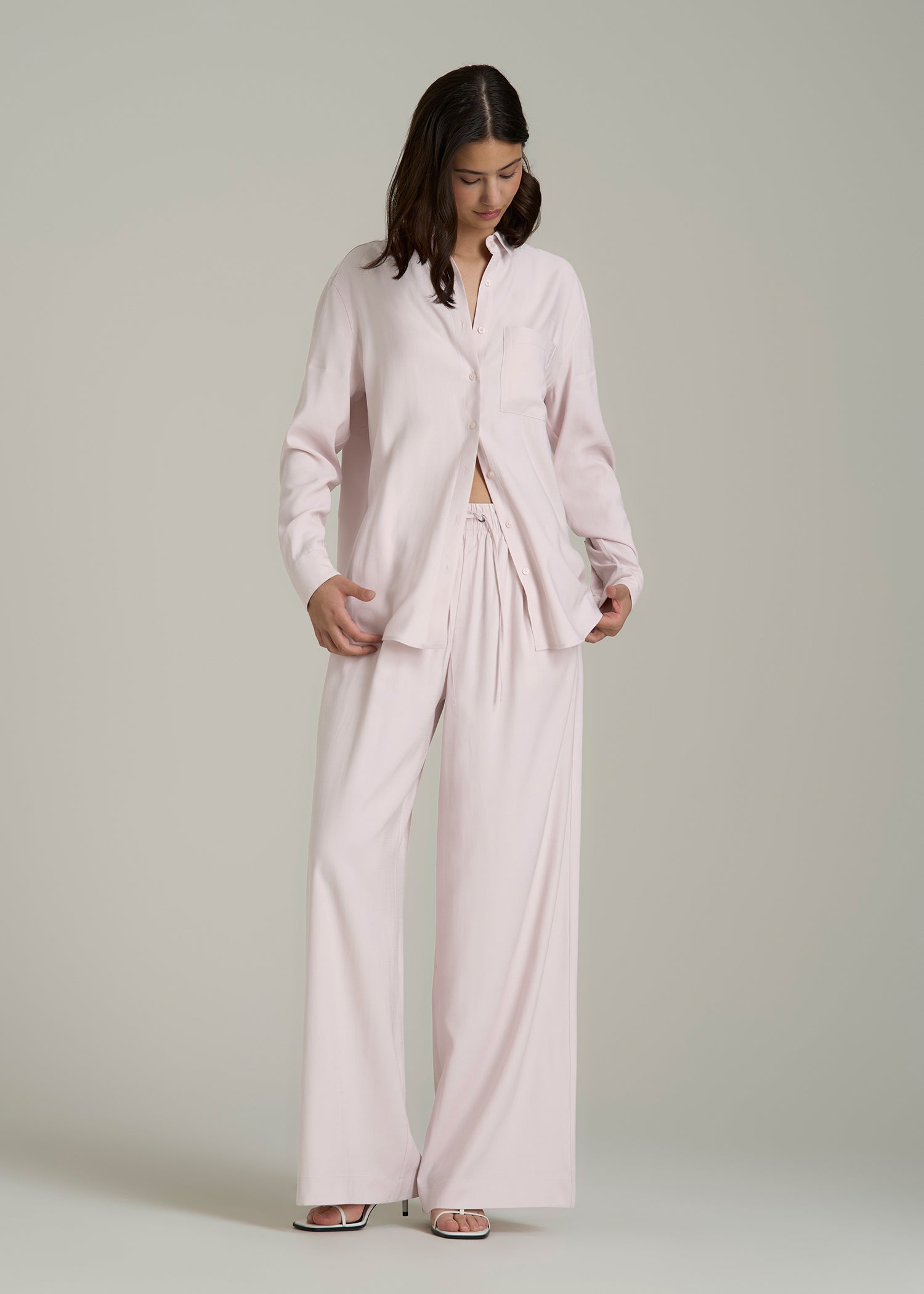 Button-Up Single-Pocket Blouse Light Pink