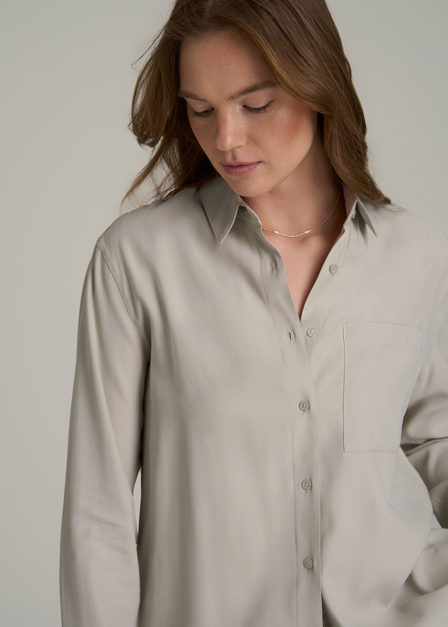 Button-Up Single-Pocket Blouse Light Gray