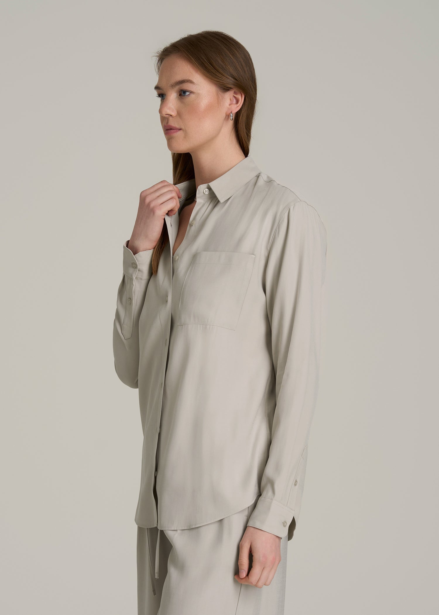 Button-Up Single-Pocket Blouse Light Gray