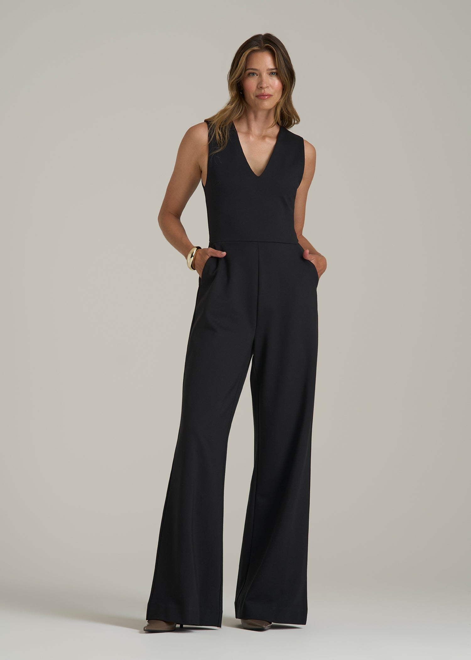 Soft Flex Ponte Wide-Leg V-Neck Jumpsuit Black