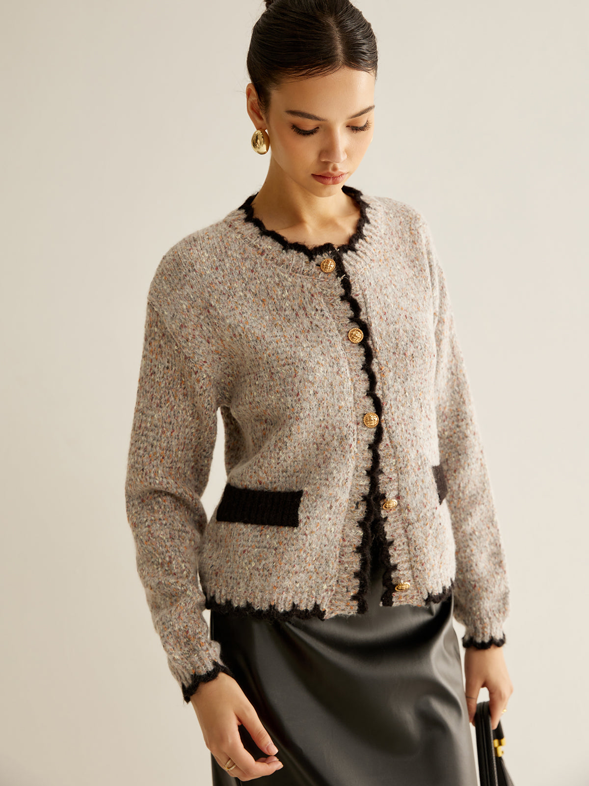 Cardigan with Buttons and Contrasting Trim