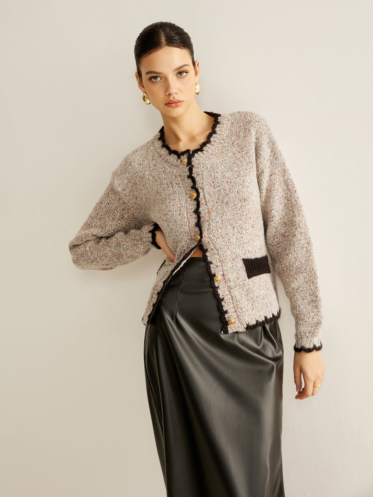 Cardigan with Buttons and Contrasting Trim