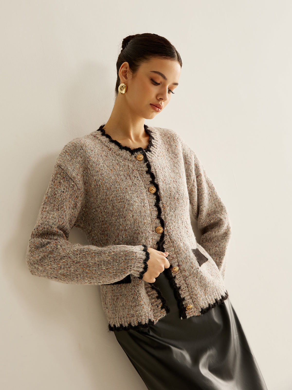 Cardigan with Buttons and Contrasting Trim