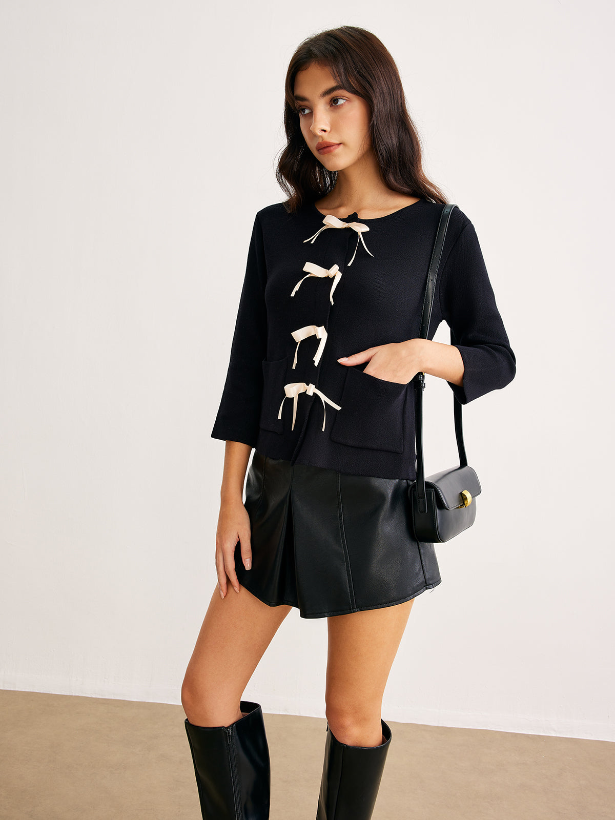 Knitted Cardigan with Pockets and Ties