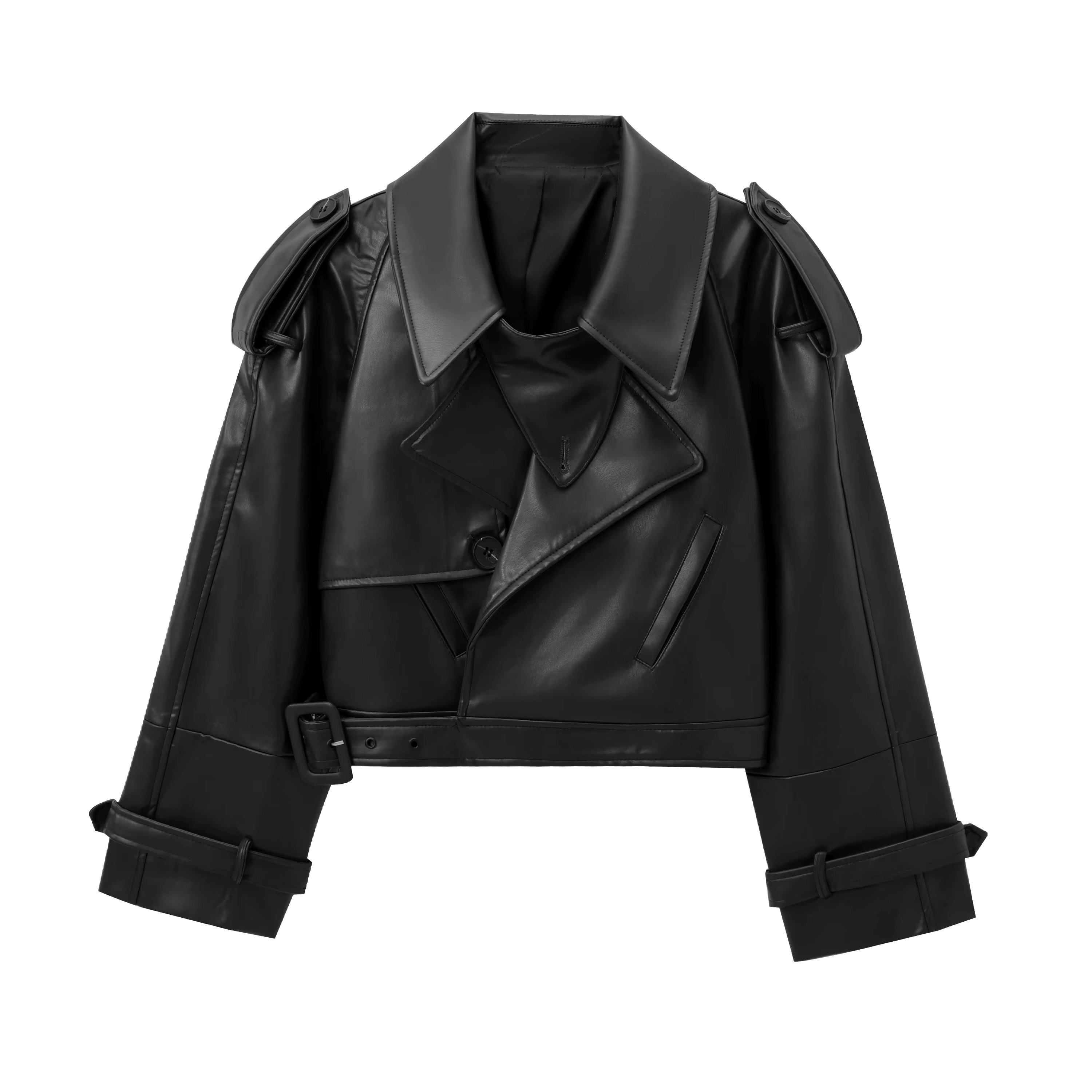 Black Faux Leather Cropped Trench Jacket - Structured Short Moto Biker Coat