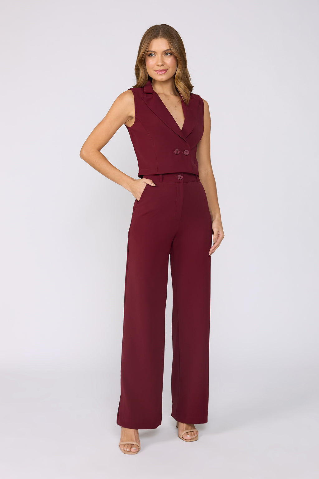 Burgundy straight-leg trousers